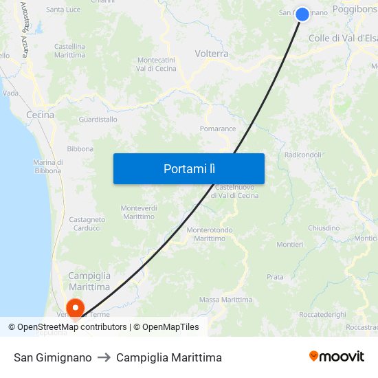 San Gimignano to Campiglia Marittima map