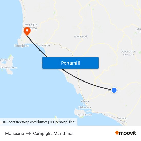 Manciano to Campiglia Marittima map