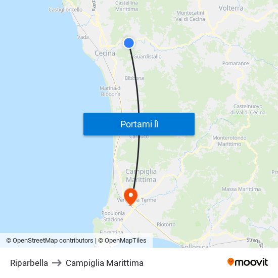 Riparbella to Campiglia Marittima map