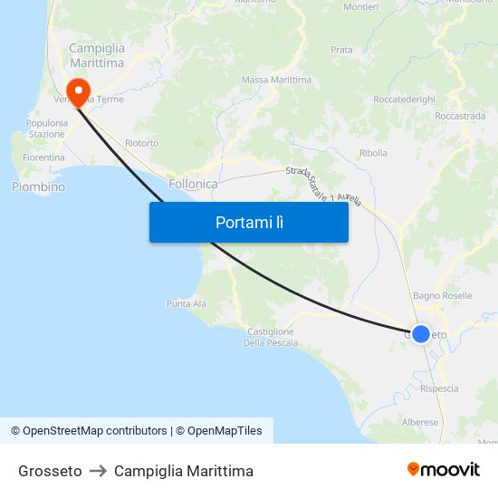 Grosseto to Campiglia Marittima map