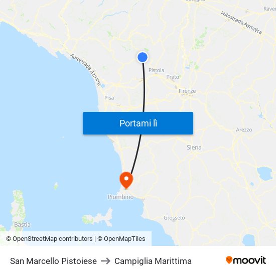 San Marcello Pistoiese to Campiglia Marittima map