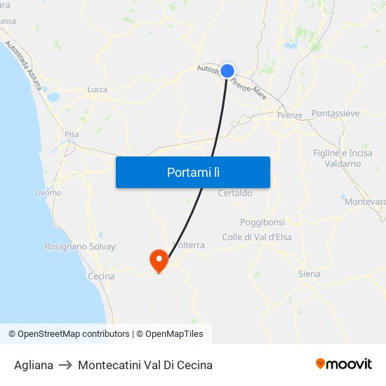 Agliana to Montecatini Val Di Cecina map