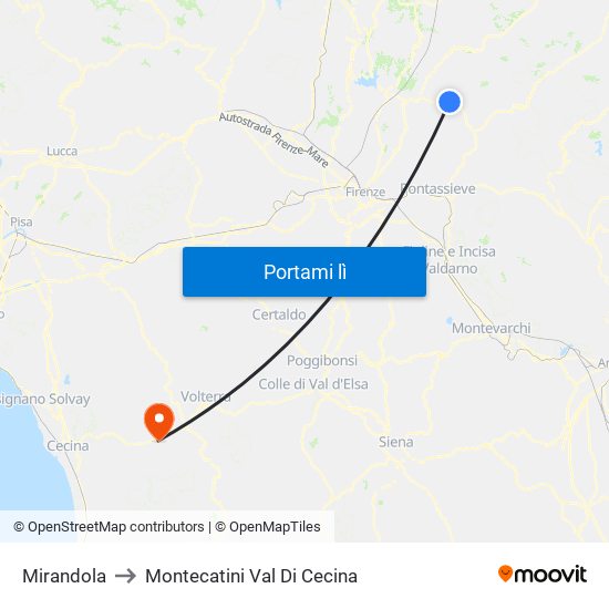 Mirandola to Montecatini Val Di Cecina map