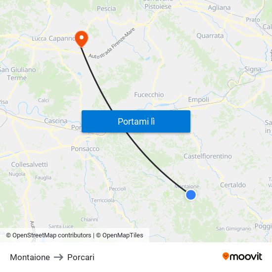 Montaione to Porcari map