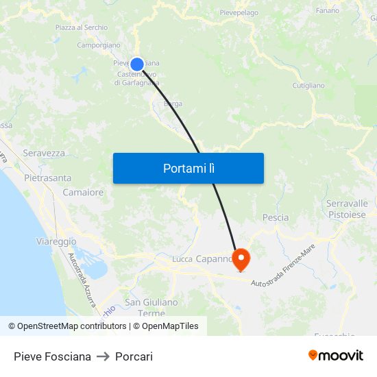 Pieve Fosciana to Porcari map