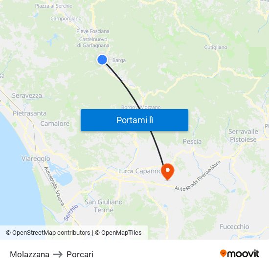 Molazzana to Porcari map