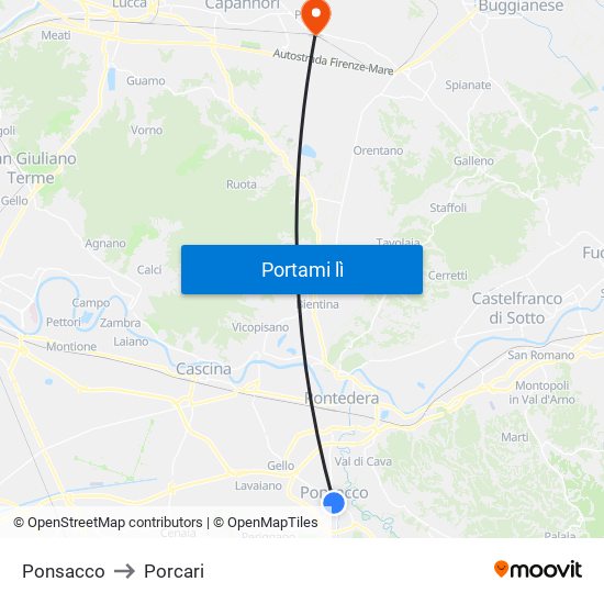 Ponsacco to Porcari map