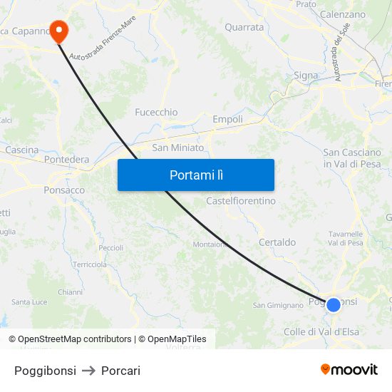 Poggibonsi to Porcari map