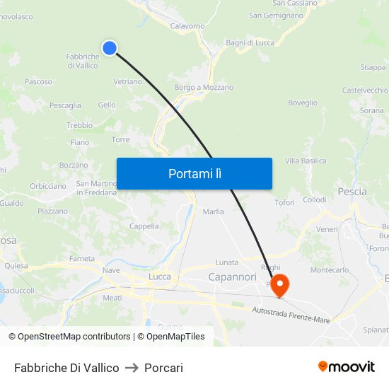 Fabbriche Di Vallico to Porcari map