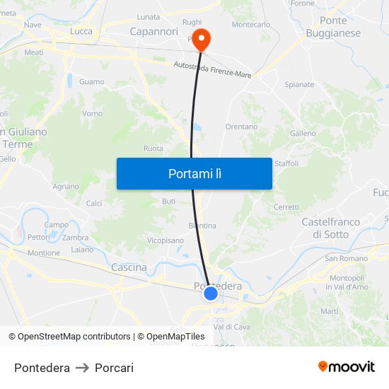 Pontedera to Porcari map