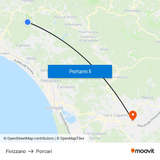 Fivizzano to Porcari map