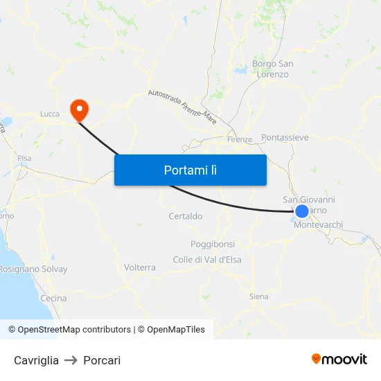Cavriglia to Porcari map