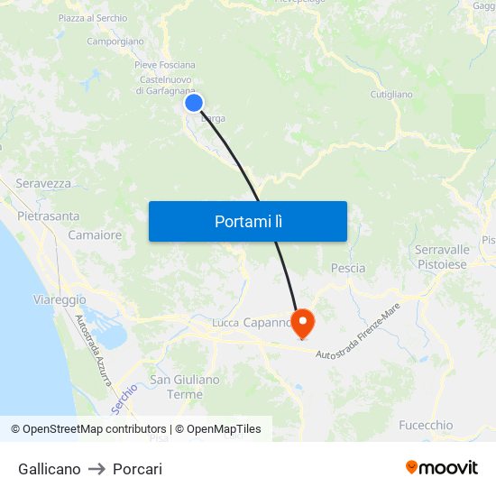 Gallicano to Porcari map