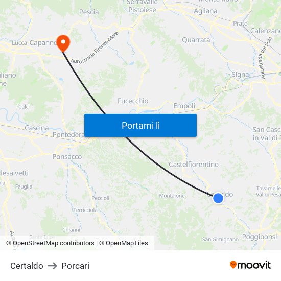 Certaldo to Porcari map