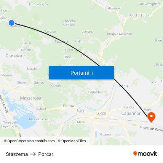 Stazzema to Porcari map