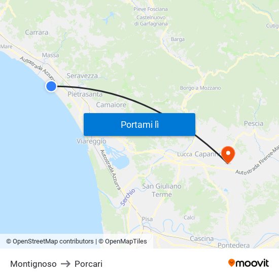 Montignoso to Porcari map