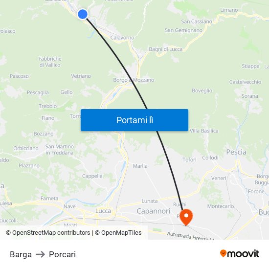 Barga to Porcari map