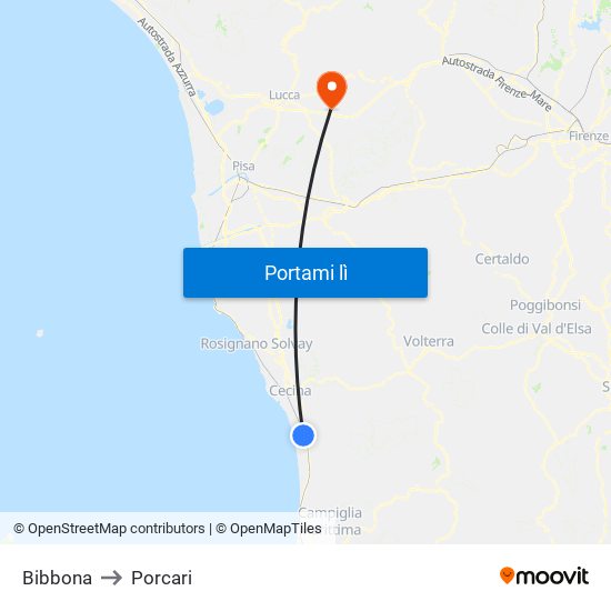 Bibbona to Porcari map