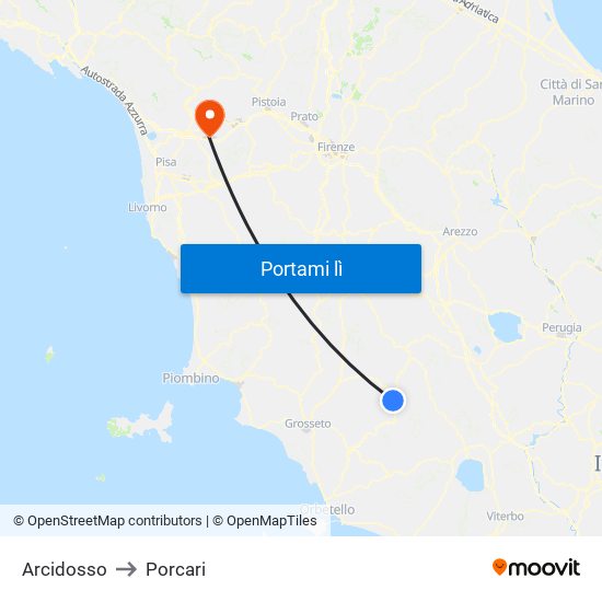 Arcidosso to Porcari map