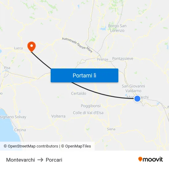 Montevarchi to Porcari map