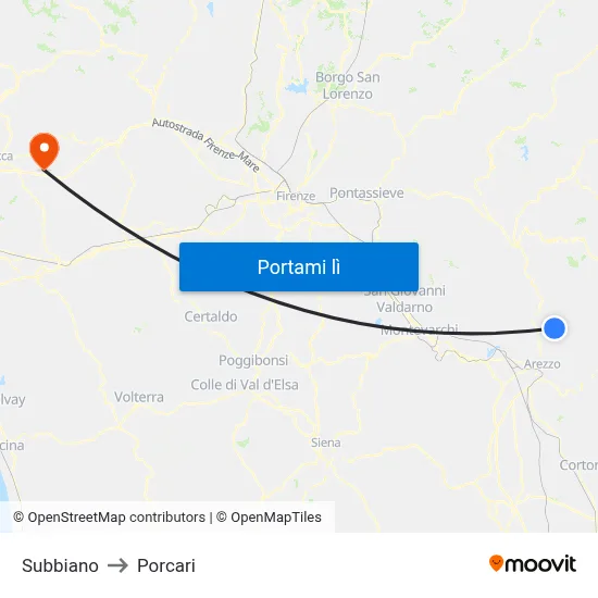 Subbiano to Porcari map