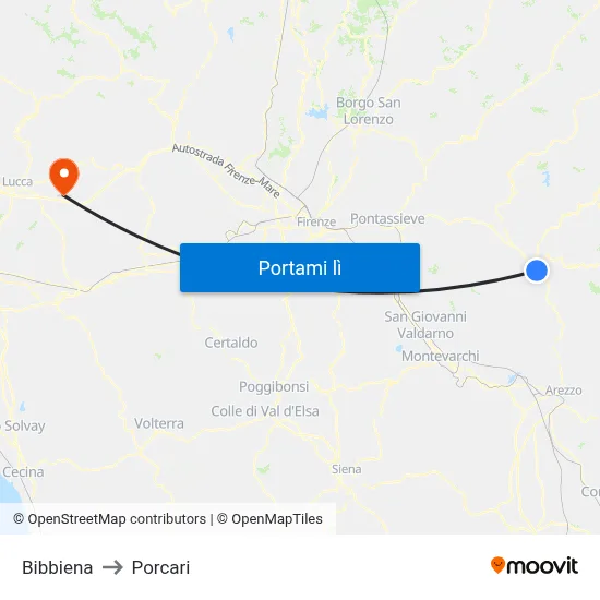 Bibbiena to Porcari map