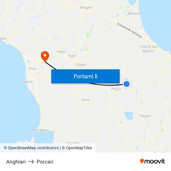 Anghiari to Porcari map