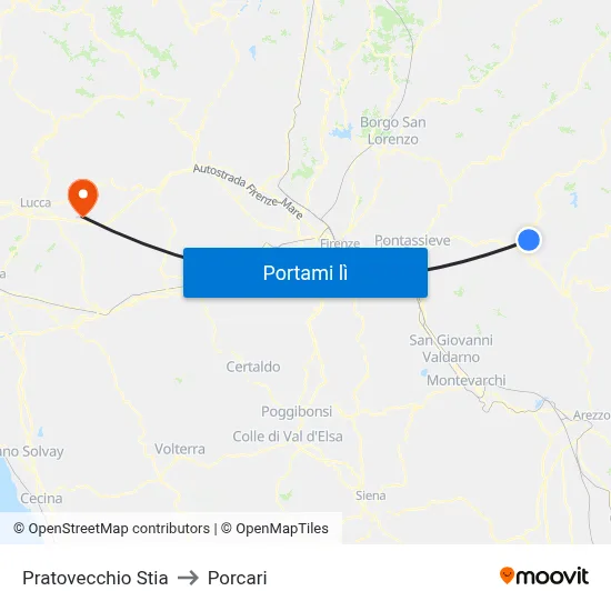 Pratovecchio Stia to Porcari map