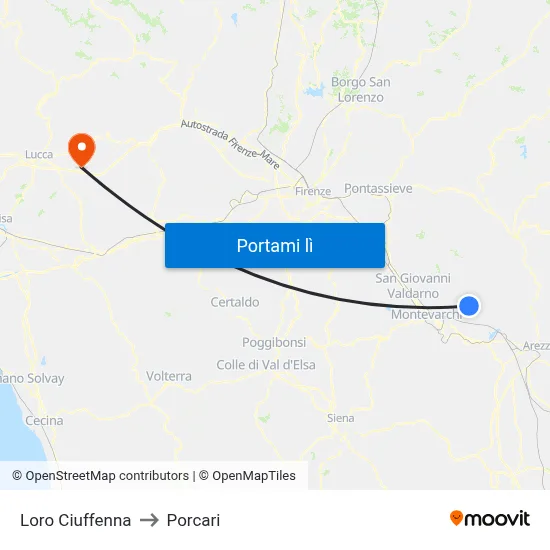Loro Ciuffenna to Porcari map