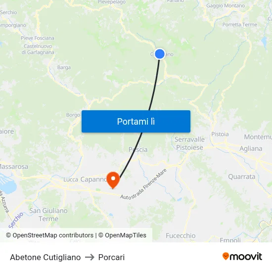 Abetone Cutigliano to Porcari map