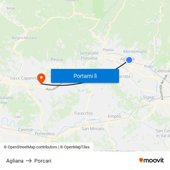 Agliana to Porcari map