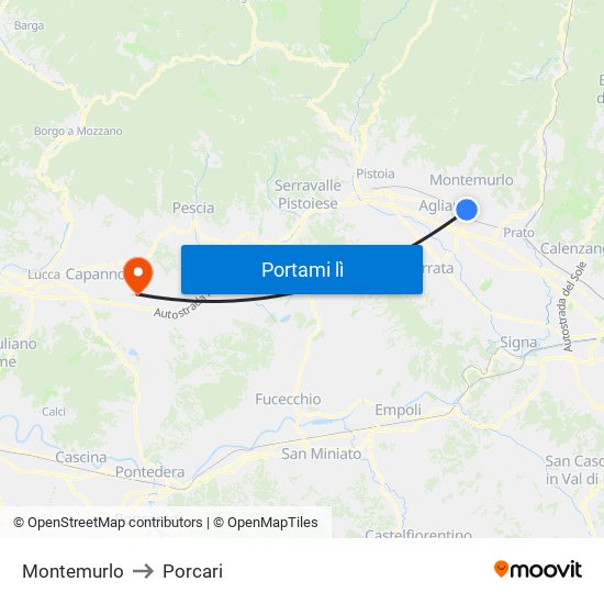 Montemurlo to Porcari map