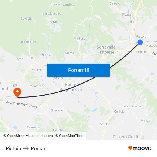 Pistoia to Porcari map