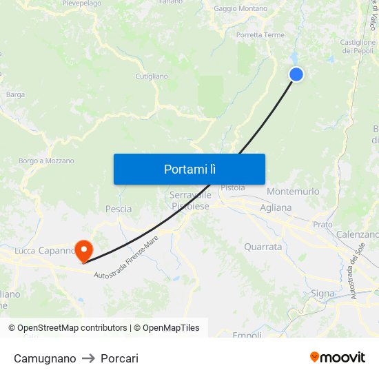 Camugnano to Porcari map