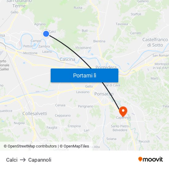 Calci to Capannoli map