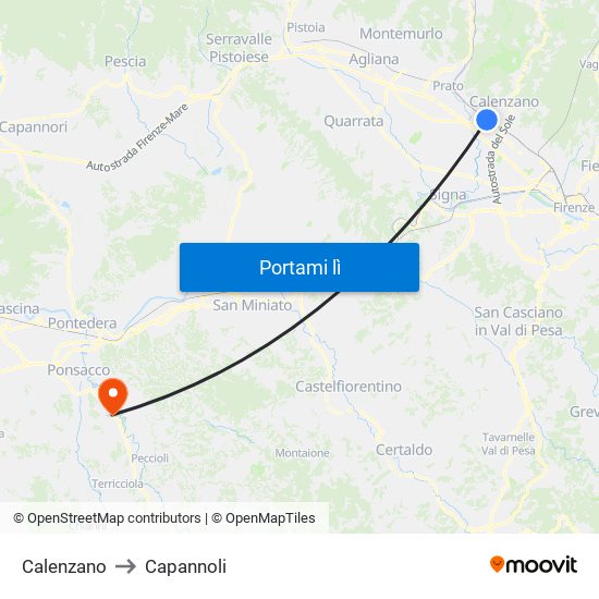Calenzano to Capannoli map
