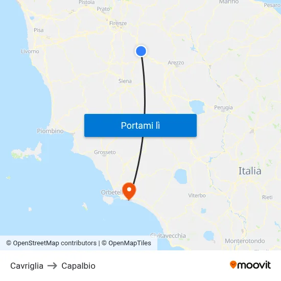 Cavriglia to Capalbio map