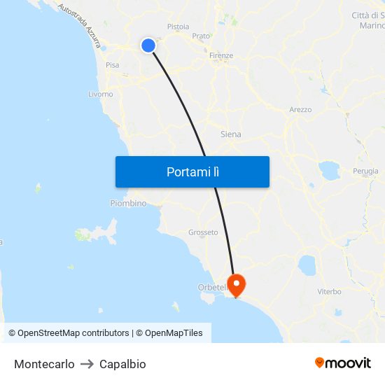 Montecarlo to Capalbio map