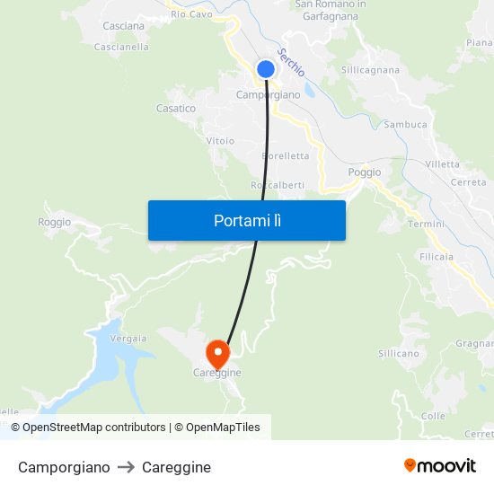 Camporgiano to Careggine map