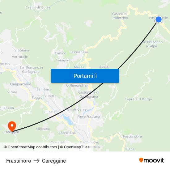 Frassinoro to Careggine map