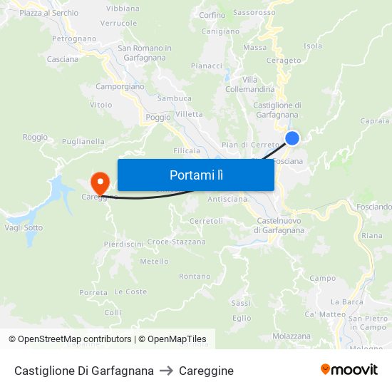 Castiglione Di Garfagnana to Careggine map