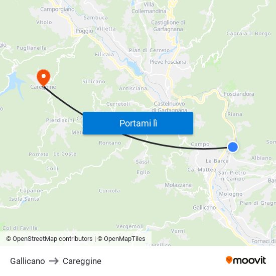 Gallicano to Careggine map
