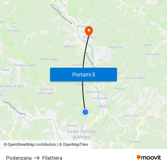 Podenzana to Filattiera map