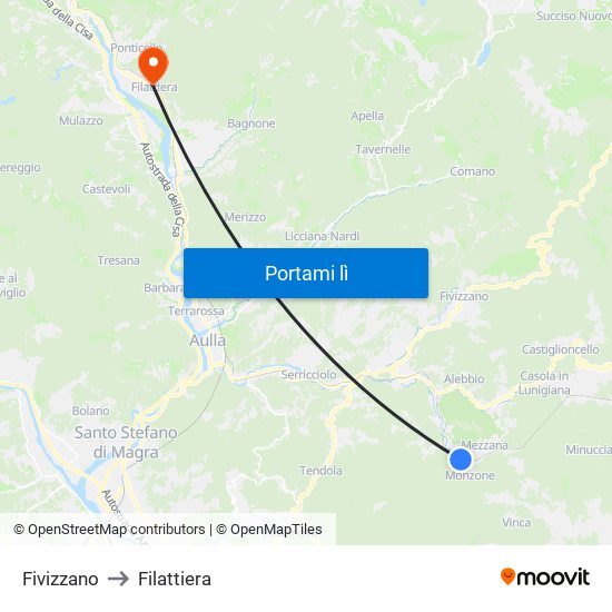 Fivizzano to Filattiera map