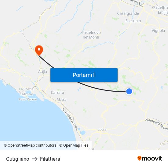 Cutigliano to Filattiera map