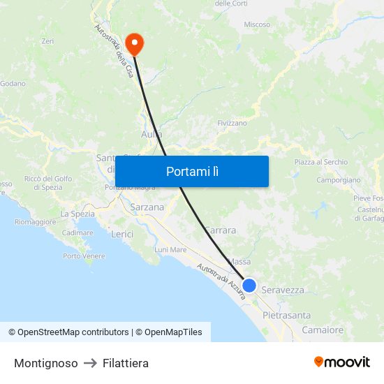 Montignoso to Filattiera map