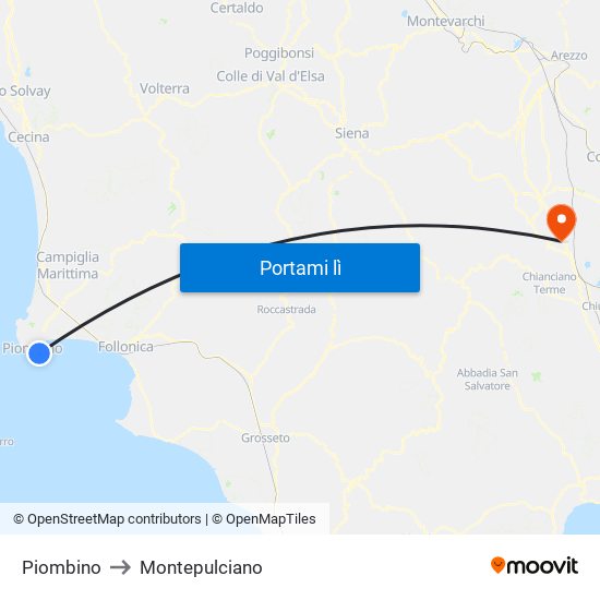 Piombino to Montepulciano map