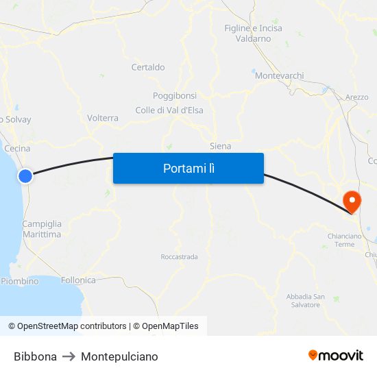 Bibbona to Montepulciano map