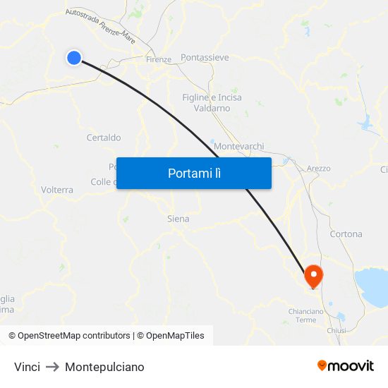 Vinci to Montepulciano map