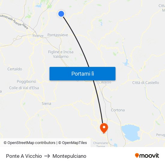 Ponte A Vicchio to Montepulciano map